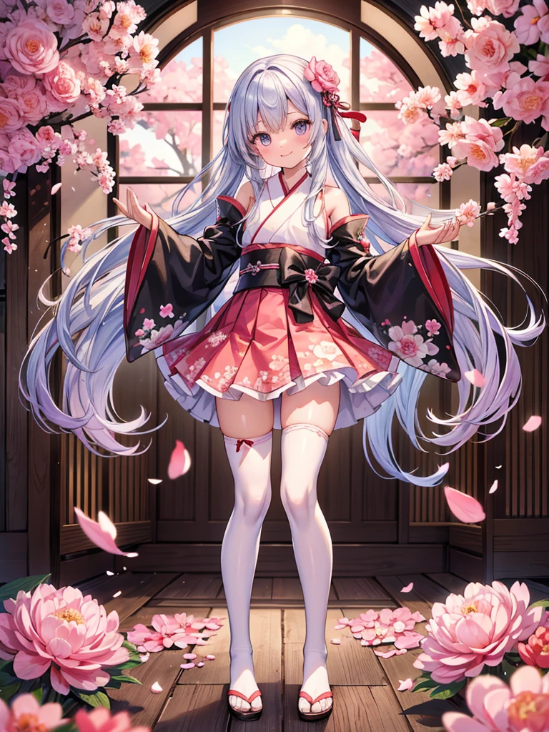 Pixai, complex details, high resolution, highest quality, high resolution,
Dynamic pose,
Indoors,
Smile,
(Bends forward with your hands on your toes),
(Put your hands on your hair: 1.2),
Break,
Long hair,
Peony hair,
Black eye,
(Small chest: 1.1),
Frills, Japanese clothes, hair flowers, wide sleeves, kimonos, white knee socks, zettai ryouiki, floral prints, skirts, removable sleeves