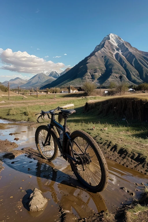 a bicycle left a mark of the mud, mountain in the background, ((best quality)), ((masterpiece)), (detailed)