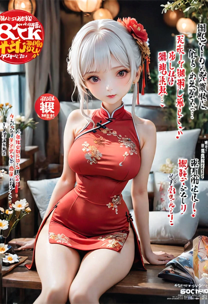 Magazine cover(masterpiece, best quality:1.2),woman,(((The eyes are delicate)))Flowers flying((Red cheongsam)),(8K)(HD)