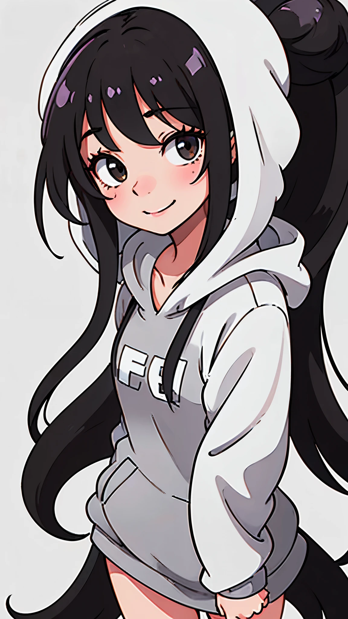 cute girl with long black hair in a bun wearing an oversized grey hoodie smiling shyly. White background. fullbody. no clipping.