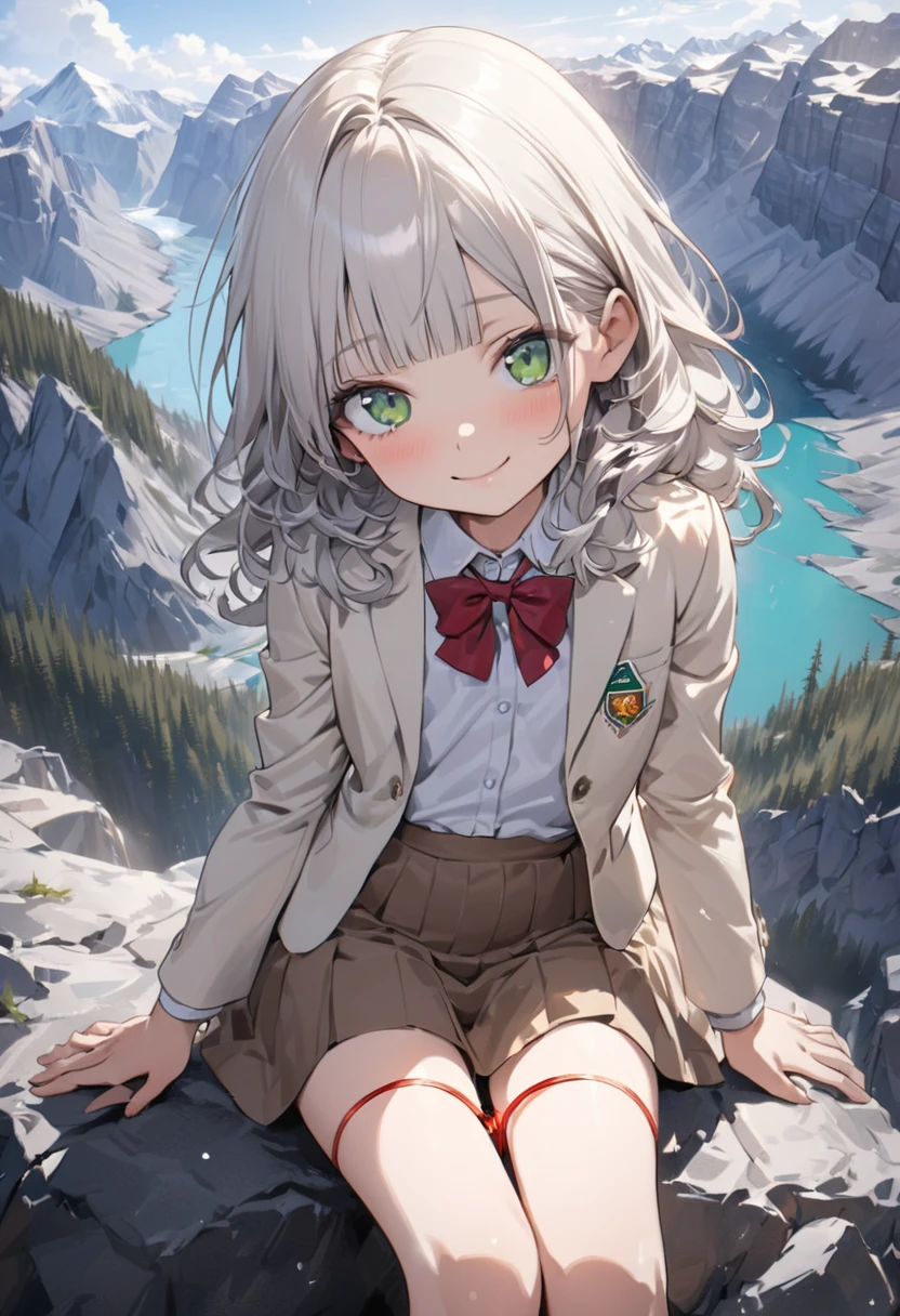 ((Masterpiece)), ((best quality)), (Anime:1.3), (super detail:1.2), (High Definition:1.3), (Professional Photography:1.3), (wide shot), (sharp focus), (perfect light), ((12 years old)), (Healthy slim body), 8K, Textured skin, cinematic lighting, (1girl), short stature, ((cute teenage young girl)), (loose blunt bangs), slightly loose curls hair, (breasts length hair), pale silver hair, (innocent smile), (cute green eyes), drooping eyes, slender waist, ((pale Ivory blazer of school uniform)), (white blouse), put on red string ribbon, (brown skirt), BREAK, ((best quality)), (super detail:1.2), sunnyday, Beautiful Cliffs over 100 meters above sea level, reaching hand, (Relaxed sitting on the edge of great rock), ((Canadian Rockies)), summerday, Beautiful Mountains Background,