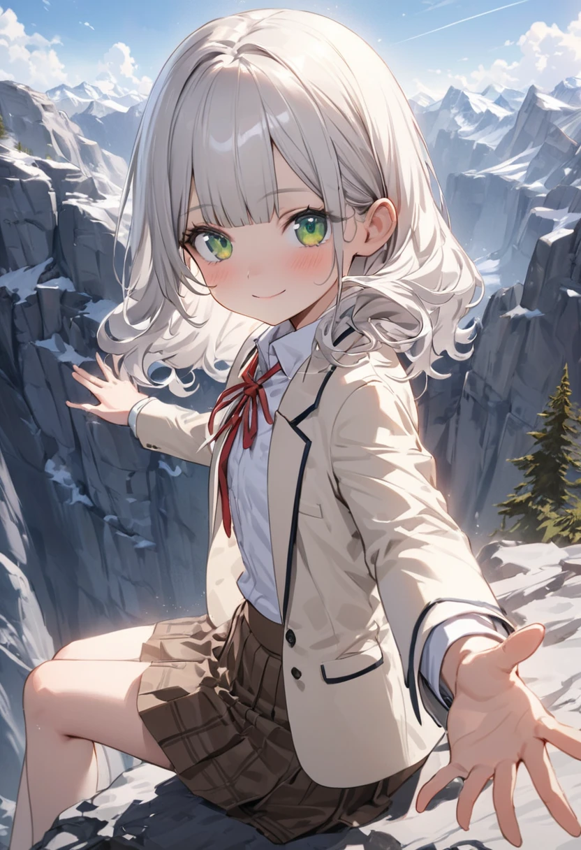 ((Masterpiece)), ((best quality)), (Anime:1.3), (super detail:1.2), (High Definition:1.3), (Professional Photography:1.3), (wide shot), (sharp focus), (perfect light), ((12 years old)), (Healthy slim body), 8K, Textured skin, cinematic lighting, (1girl), short stature, ((cute teenage young girl)), (loose blunt bangs), slightly loose curls hair, (breasts length hair), pale silver hair, (innocent smile), (cute green eyes), drooping eyes, slender waist, ((pale Ivory blazer of school uniform)), (white blouse), put on red string ribbon, (brown skirt), BREAK, ((best quality)), (super detail:1.2), sunnyday, Beautiful Cliffs over 100 meters above sea level, reaching hand, (Relaxed sitting on the edge of great rock), ((Canadian Rockies)), summerday, Beautiful Mountains Background,