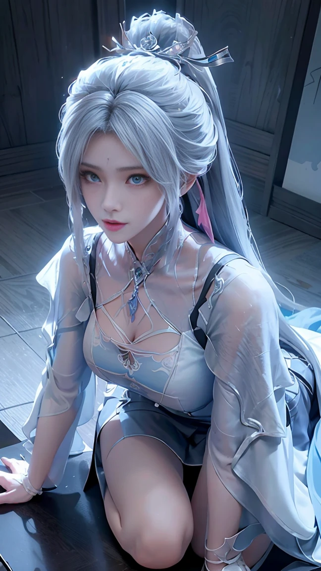 a white hair、Close-up of miss wearing white mask, Beautiful character painting, Gu Weiss, Gurwitz-style artwork, White-haired god, author：Yang Jie, Epic and beautiful character art, Stunning character art, author：Fan Qi, by Wuzhun Shifan, pixiv Art Street Guviz, Single ponytail, insult, High Ponytail, Tall and big, Long legs, (Sleeveless lace shirt), (shorts), (Striped )), ((Striped )), Walk, elegant, dignified, miss, Beautiful curves, sweet smile, Strong sense of detail and layering, color丰富绚丽, Has a unique texture, rich and colorful, color, vivid, Design Art, 16K, Very detailed, {{illustration}}, {Extremely refined}, {Exquisite surface treatment}, Very detailed, Delicate and shining eyes, {{Light}}, 极致Light效果, Model: realism, CFG size: 12, Laura: Bright texture (1.35), high quality, masterpiece, Exquisite facial features, Delicate hair depiction, Detailed depiction of the eyes, masterpiece, best quality, Light線追蹤, Extremely detailed CG unified 8k wallpaper, masterpiece, best quality, (1 girl), 完美miss身材, (((Skinny white T-shirt))), beautiful eyes, (Delicate face), Black short hair, Tie your hair up, Light blue hairpin, Black silk frame glasses, in class, (White skin), (Optimal Lighting), (Super intricate details), 4K Unified, (Very detailed CG), Showing off her white legs, , Hot Pants, shorts,性感Long legs, Thin waist, Sweat is running down my waist, Showing belly, Extremely detailed depiction, Pink Hair, Asymmetrical bangs, Transparent clothes, Hands on thighs, 把目Light移開, 8k resolution, Raise an eyebrow, Shiny hair, flower head, Wristband, bandage，Leather sexy pose, simple grey background, Crawl to the audience, Kitten pose, Get on all fours,