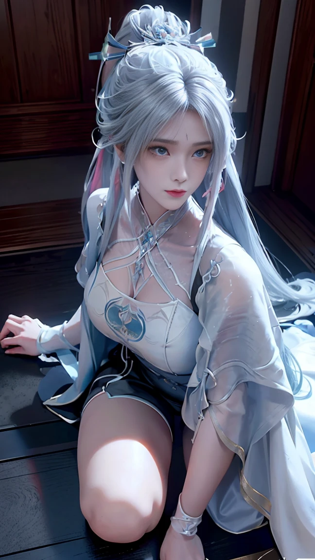 there is a woman with long blue hair sitting on a bed, anime girl cosplay, anime cosplay, pale milky white porcelain skin, with white long hair, seductive anime girl, white hime cut hairstyle, anime girl in real life, cosplay, japanese goddess, ahegao, shikamimi, realistic young gravure idol, , with long white hair, pale blue skin