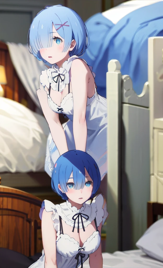 (Masterpiece, highest quality), 1 girl, face close-up, (from the front: 1.2), (on all fours: 1.2), (looking down: 1.2), nightgown, (Good: 1.2), breast gap, middle breasts, down blouse, Bra visible, bending forward, on bed, blue hair, medium breasts (C Cup) - pale blue eyes, 8K, highest quality, masterpiece, ultra-definition, plump lips,Bedroom