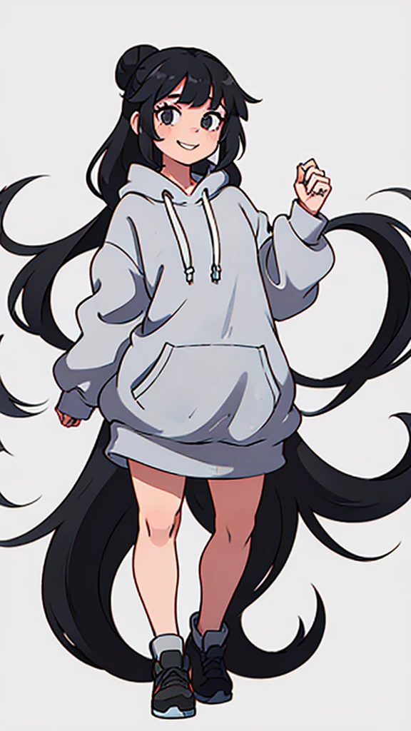 cute girl with long black hair in a bun wearing an oversized grey hoodie smiling shyly. White background. fullbody. no clipping. 