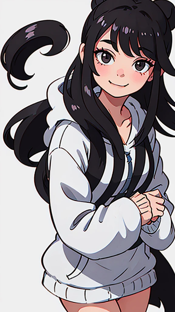 cute girl with long black hair in a bun wearing an oversized grey hoodie smiling shyly. White background. fullbody. no clipping.