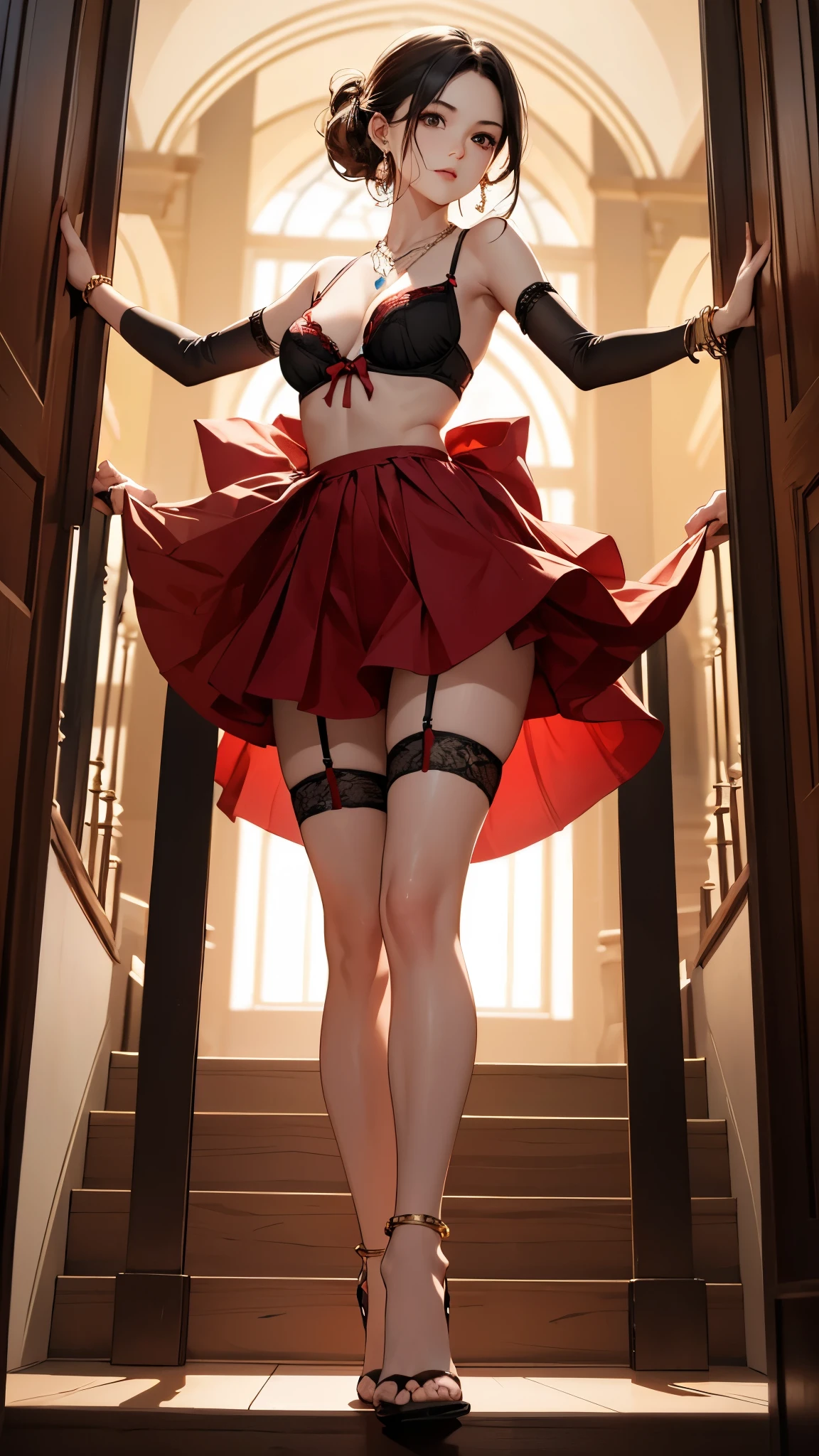 ((Biologically correct limb count))、((Full Body Shot, Full-body photo including face、Head to toe photos))、4K、masterpiece、((Focus on the face))、((Symmetrical facial features))、Eyes of meticulous depiction、One beautiful woman、Excellent style、((Red panties and bra、Black garter stockings、High heels with anklets、lingerie))、Detailed Description、Small earrings、necklace、Looking back while climbing stairs、High angle、Looking up