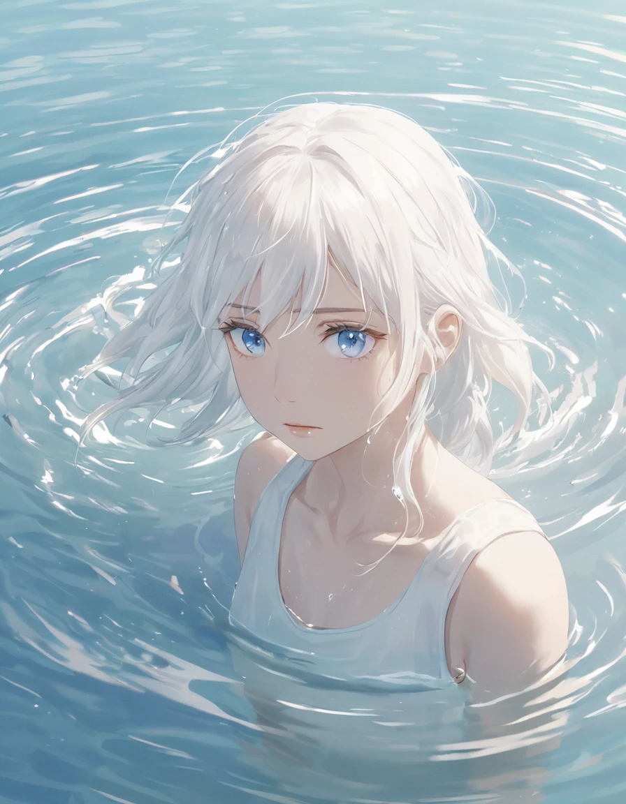 Anime style female character in the water, (long white hair:1.2), (soft expression:1.1), blue eyes, white tank top, (Effect of rippling water around the body:1.3), sunlight reflecting on water, clear sky, subtle water splash, high resolution digital art, soft color palette, tranquil atmosphere, (calm sea background:1.1), realistic water texture
