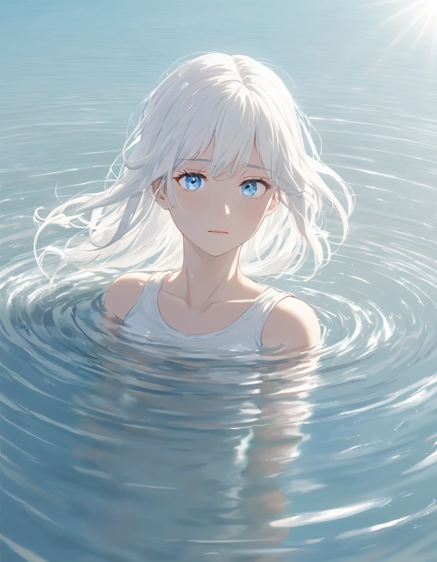 Anime style female character in the water, (long white hair:1.2), (soft expression:1.1), blue eyes, white tank top, (Effect of rippling water around the body:1.3), sunlight reflecting on water, clear sky, subtle water splash, high resolution digital art, soft color palette, tranquil atmosphere, (calm sea background:1.1), realistic water texture