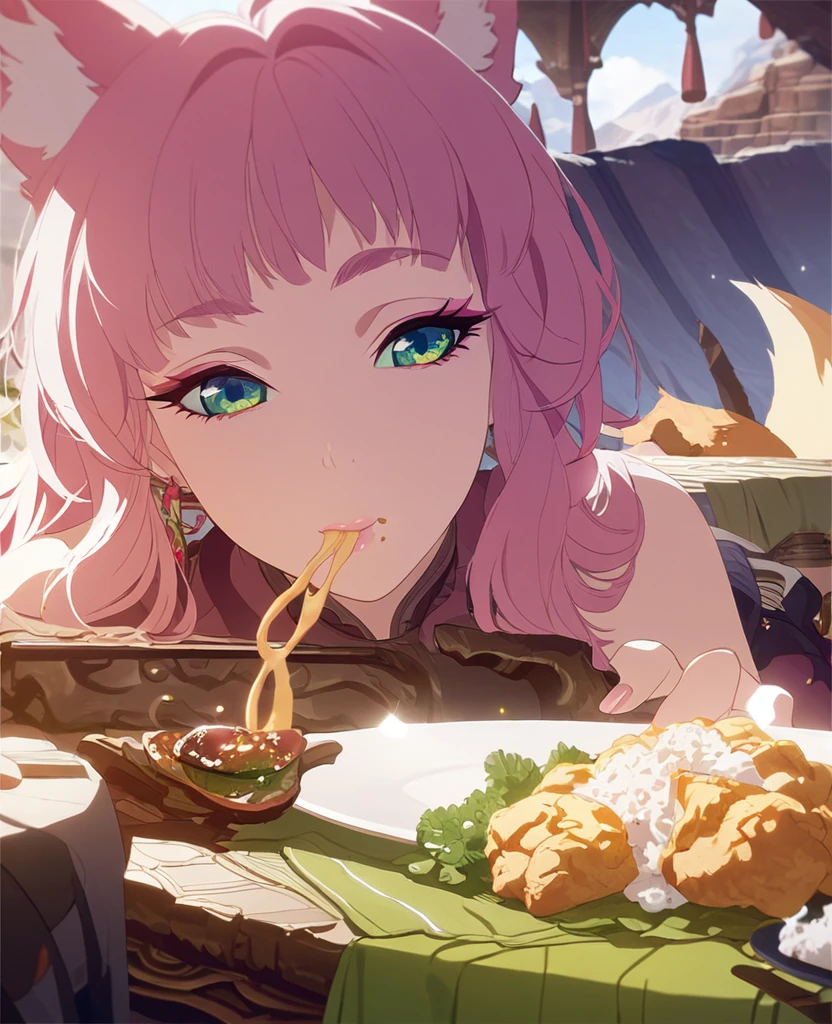 beautiful detailed eyes, beautiful detailed lips, extremely detailed eyes and face, long eyelashes, 1girl, a little kitsune, pink hair, green eyes, sitting at a table, eating, fantastical environment, best quality, fantasy art