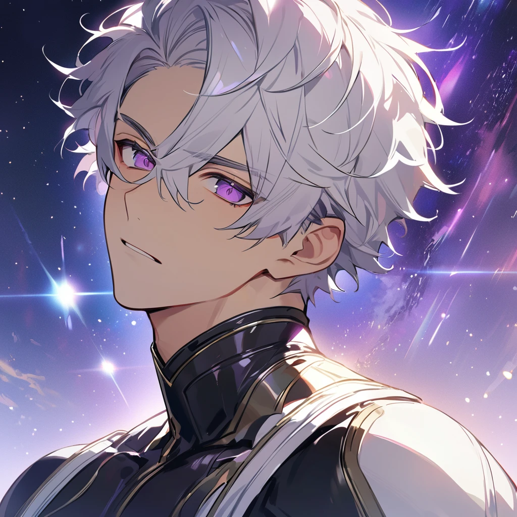 High quality, HD, 4k, handsome male, 1male, 17 years old, teenager, golden lining, short white hair, sharp eyes, dark purple eyes, deep purple eyes, devil may cry, close up, calm expression, stoic expression, black leather clothes, white leather clothing, lean body, slighlty muscular, upper body, looking at viewer, white solar, space background