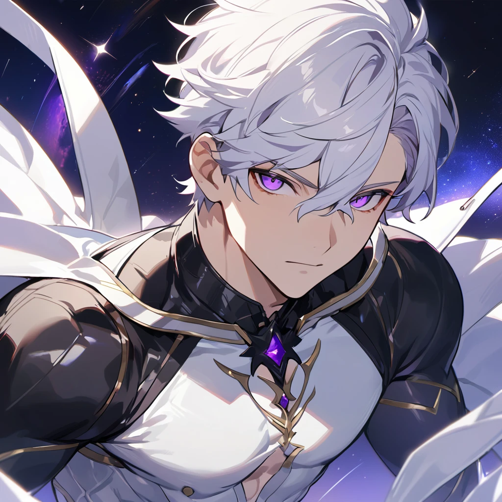 High quality, HD, 4k, handsome male, 1male, 17 years old, teenager, golden lining, short white hair, sharp eyes, dark purple eyes, deep purple eyes, devil may cry, close up, calm expression, stoic expression, black leather clothes, white leather clothing, lean body, slighlty muscular, upper body, looking at viewer, white solar, space background
