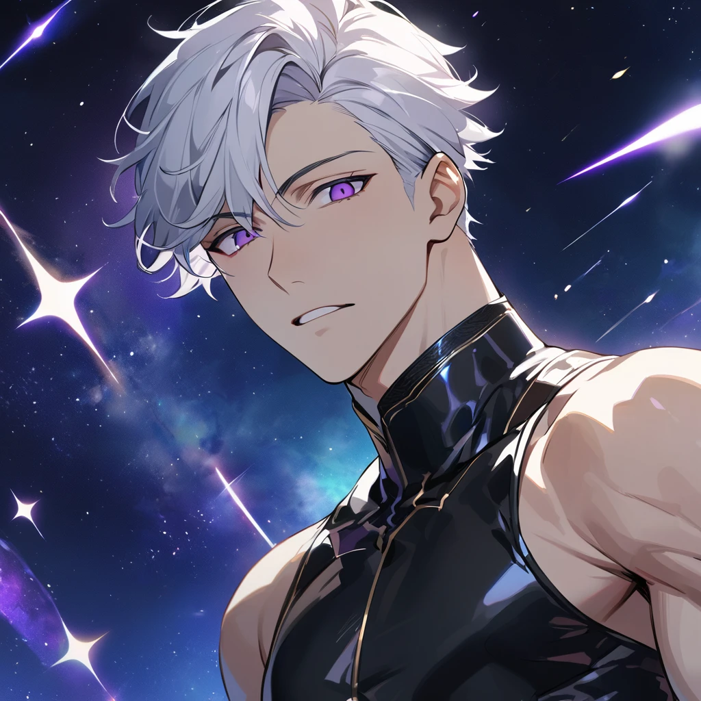 High quality, HD, 4k, handsome male, 1male, 17 years old, teenager, golden lining, short white hair, sharp eyes, dark purple eyes, deep purple eyes, devil may cry, close up, calm expression, stoic expression, black leather clothes, white leather clothing, lean body, slighlty muscular, upper body, looking at viewer, white solar, space background