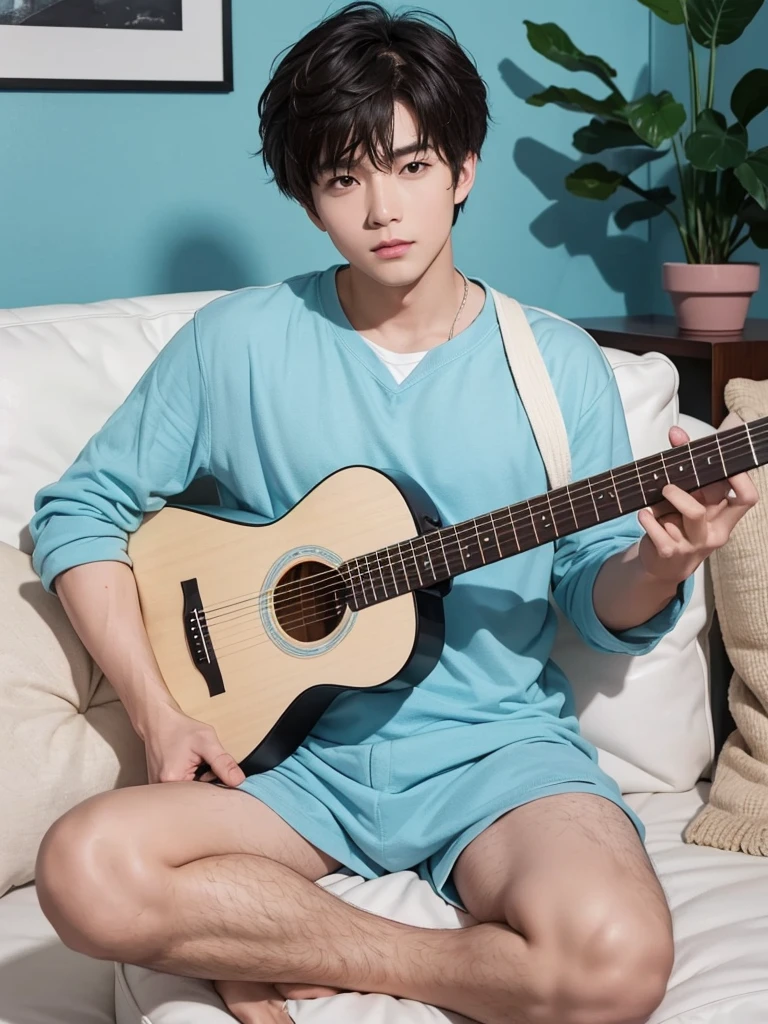 Create images with 8k clarity.,
It's a virtual image., High definition photos,
It is a 180 degree wide viewing angle.,
It is a picture of a 30 year old young man.,
Good looks, white skin, white face,
I am half Thai and half South Korean.,
Keep your hair in a low style.,
Have cute bangs.,
South Korean singer style,
sitting and playing a red acoustic guitar,
At the blue sofa in the modern bedroom.,
pastel tones