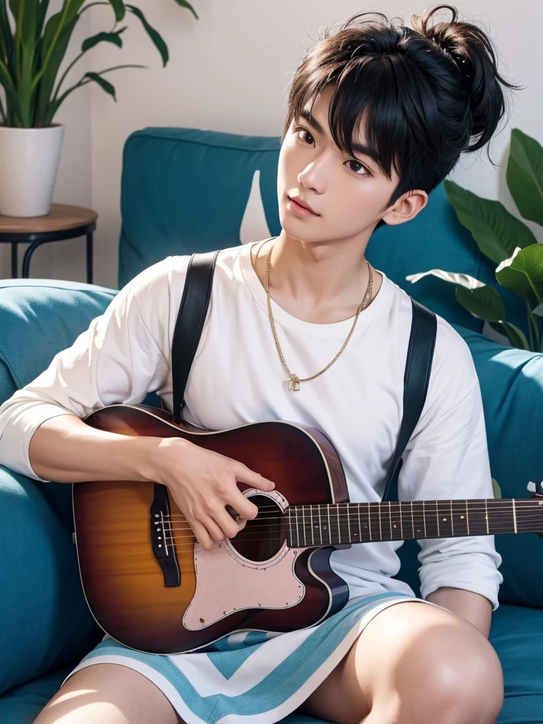 Create images with 8k clarity.,
It&#39;s a virtual image., High definition photos, 
It is a 180 degree wide viewing angle., 
It is a picture of a 30 year old young man., 
Good looks, white skin, white face, 
I am half Thai and half South Korean., 
Keep your hair in a low style., 
Have cute bangs., 
South Korean singer style, 
sitting and playing a red acoustic guitar, 
At the blue sofa in the modern bedroom., 
pastel tones