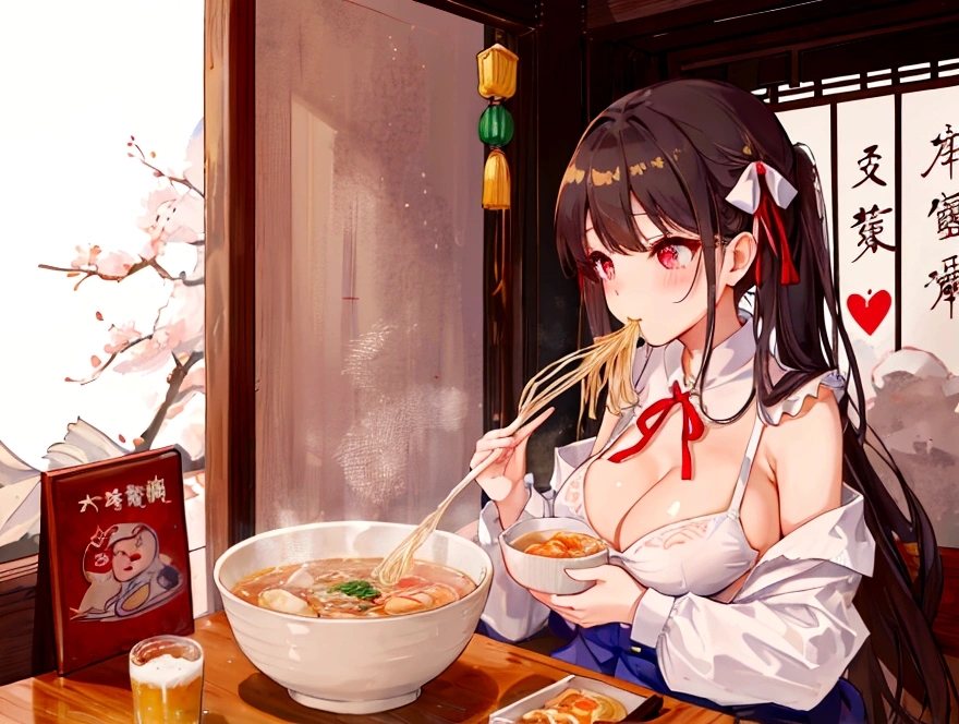 A cute student in underwear eats Chinese food with gusto、Big boobs and small boobs、White bra with thin cute ribbon、White underwear with thin cute ribbon、Large serving of salt ramen, fried rice and gyoza set meal、Beer in a mug、