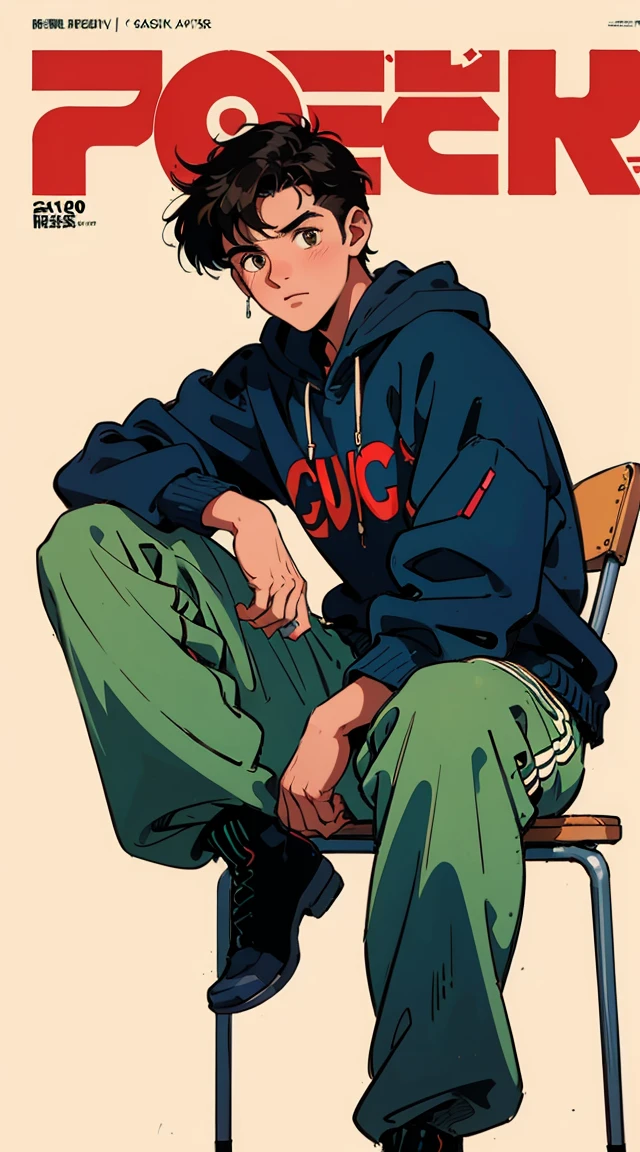 Best image quality, 1980s style animation, 21 year old boy, black hair, light brown eyes, With a baggy sweatshirt with an otter painting on it, white background, magazine cover, whole body , sit on a chair , posing