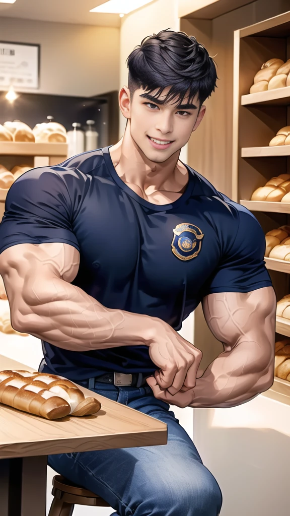 (handsome Man sitting on table eating bread ),(crew cut short hair:1.8),black eye,(Wear a fitted round neck t-shirt in navy with a police badge.:1.5),(fit neck),Navy blue jeans,(black_gloves:1.2), Korean guy,chest muscles,large arm muscles,blood vessel,Big muscles,Broad shoulders, (open mouth:1.2),(face up:1.2),(open eyes:1.5), middle of the road,smile, In the bread shop,