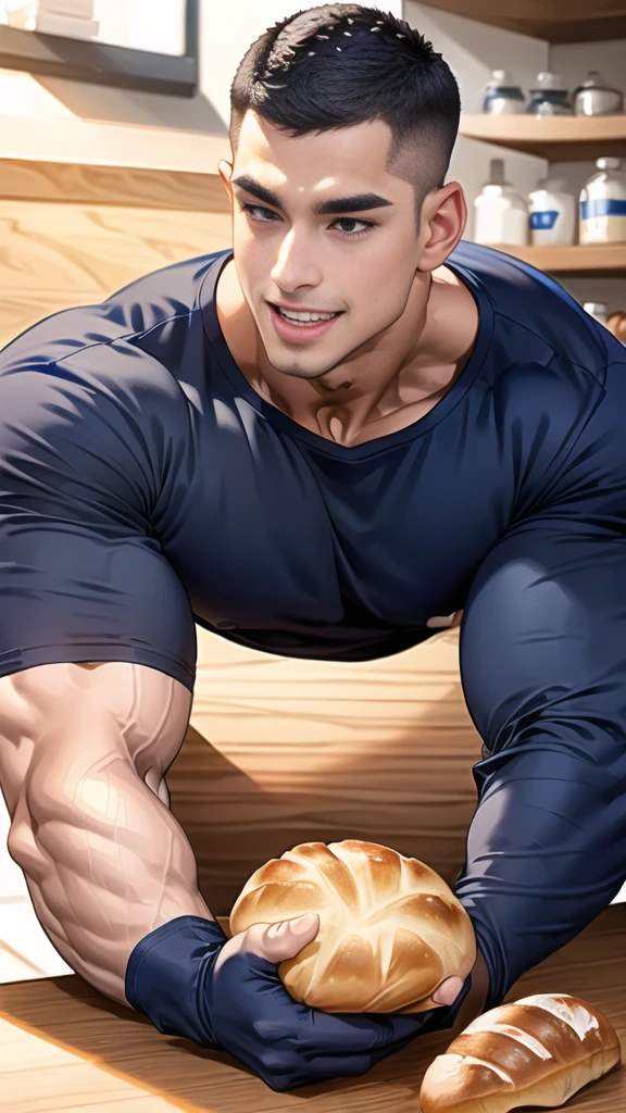 (handsome Man sitting on table eating bread ),(crew cut short hair:1.8),black eye,(Wear a fitted round neck t-shirt in navy with a police badge.:1.5),(fit neck),Navy blue jeans,(black_gloves:1.2), Korean guy,chest muscles,large arm muscles,blood vessel,Big muscles,Broad shoulders, (open mouth:1.2),(face up:1.2),(open eyes:1.5), middle of the road,smile, In the bread shop,