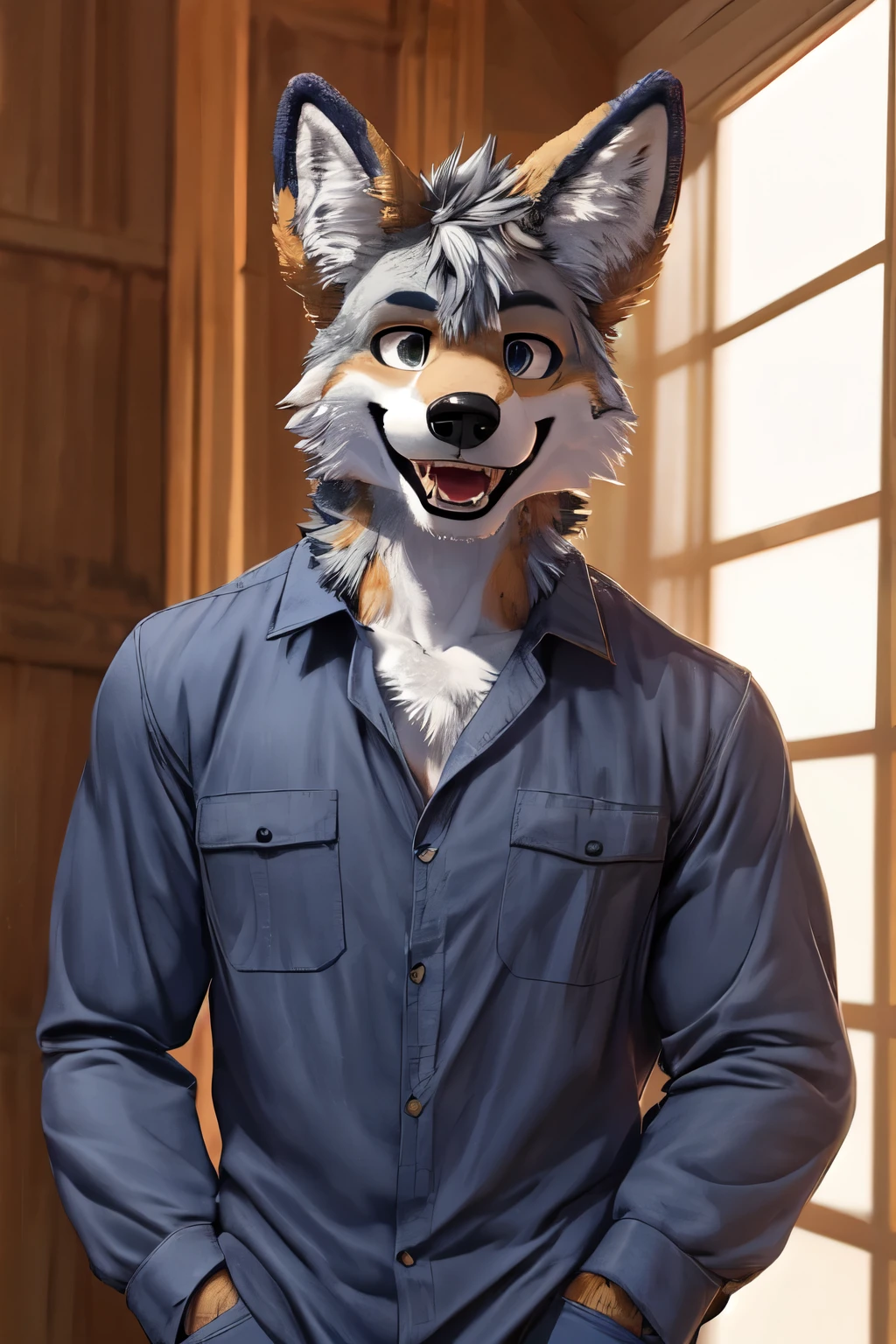 coyote fursuit, muscular, fluffy fur, black baggy shirt, smile, teeth, looking at viewer, teeth, three-quarter view