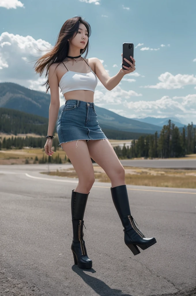The background is Yellowstone Park in the United States. A young Korean beauty wears an ultra-short tube top that exposes the lower half of her breasts, an ultra-short low-waisted miniskirt that exposes a bit of her buttocks, and she wears strappy high-heeled shoes. She held her phone and posed for a selfie. The focus of the photo is the girl, shot from a low angle. Full body shot.