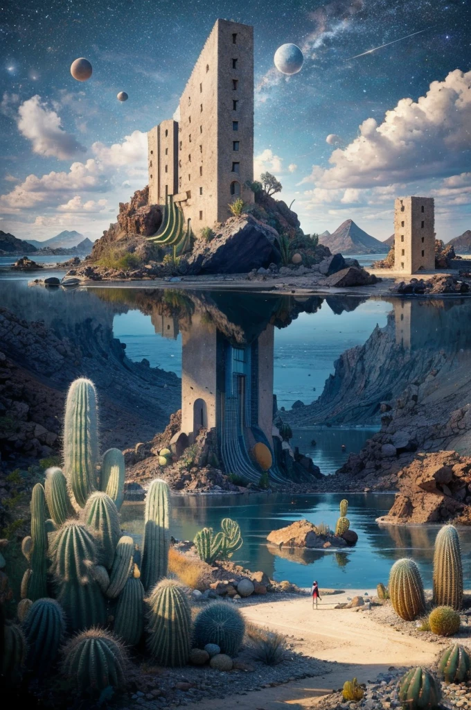 An illustration, collage style, David Hockney visual style, (((Luis Barragán's architectural style houses in middle of a lake))), big boulders, little cascade, mountains, volcanos, volcanic landscape, pool, stairs, beautiful gardens, abundant vegetation, cacti, agave, big clouds, sunset. Magazine cover, serif tipography, editorial design, masterpiece, An illustration in collage style, con rocas gigantes, Brutalist construction sections, escaleras, cactus, agave, textura de concreto, Multiple geometric shapes, hatch and cross hatching, planeta Saturno. ((masterpiece, best quality)),illustration,ultra detailed 8k. (((An illustration of a build designed by Luis Barragán))), with a desertic vegetation garden, (big rocks), ((cacti)), lake, volcano in horizon, smooth clouds, (((illustration collage format))), ((Escher's art style)), (((multiple sections))), (violet, blue, olive green, grey, black and white), hard shadows, (((geometric sculptures))), concrete sculptures, high contrast, dramatic, cinematographic, ((milky way galaxy)), intricate, intricate details, sharp focus,landscape