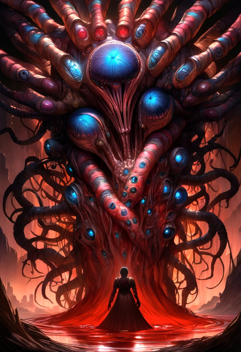 a cybermutant fleshmutant made of pulsating flesh and biomechanical limbs, fusion of flesh and machine, quivering tumors, fleshy growths, mutagenic, cybernetic hoses, wires, anime style, 2d, fighting game style masterpiece, best quality, ultra realistic, 32k, RAW photo, detail skin, 8k uhd, dslr, high quality, film grain,\nShort and messy hair, dynamic, vibrant, action-packed, detailed character design, reminiscent of fighting video games, black bloody veins growing and intertwining out of the darkness, oozing thick neon rainbow blood, veins growing and pumping blood, vascular networks growing, connecting, expanding, red veins everywhere, zdzislaw beksinski, (vibrant colors:1.1), (Infrared:1.2), Rust, Hypercube, ultra detailed, intricate, oil on canvas, ((dry brush, ultra sharp)), (surrealism:1.1), (disturbing:1.1), beksinski style painting, sparks, lens flare, rim lighting, backlighting, RTX, Post Processing, satanic cross, man body, muscular, venom costume, (japanese portal), death shadow nightmare ethereal beast, floating into the abyssal heights, nebula, cinematic, dreaming, Film light, bathing in light, very sharp focus, Hyper detailed, Hyper realistic, masterpiece, spiritual, surreal, atmospheric, maroon cream bronze, High resolution, Vibrant, High contrast, dark angle, 8k, HDR, 500px, dystopian
<lora:ab0m1:0.6>, ab0m
