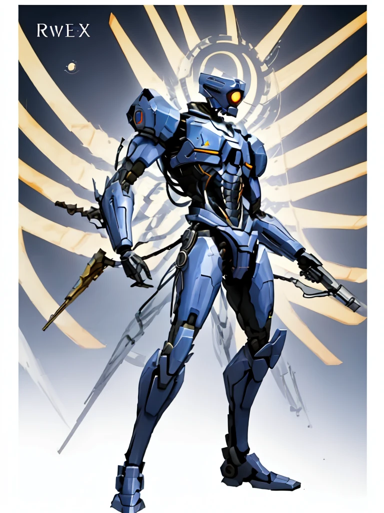 V1, blue robot, detailed, sliding, holding revolver, coin in air, white room, roman room, solo, slim, aggressive, slim body