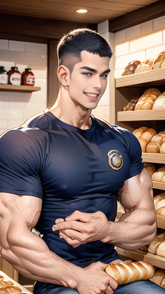 (NSFW: 1.5), (handsome Man sitting on table eating bread ),(crew cut short hair:1.8),black eye,(Wear a fitted round neck t-shirt in navy with a police badge.:1.5),(fit neck),Navy blue jeans,(black_gloves:1.2), Korean guy,chest muscles,large arm muscles,blood vessel,Big muscles,Broad shoulders, (open mouth:1.2),(face up:1.2),(open eyes:1.5), middle of the road,smile, In the bread shop,