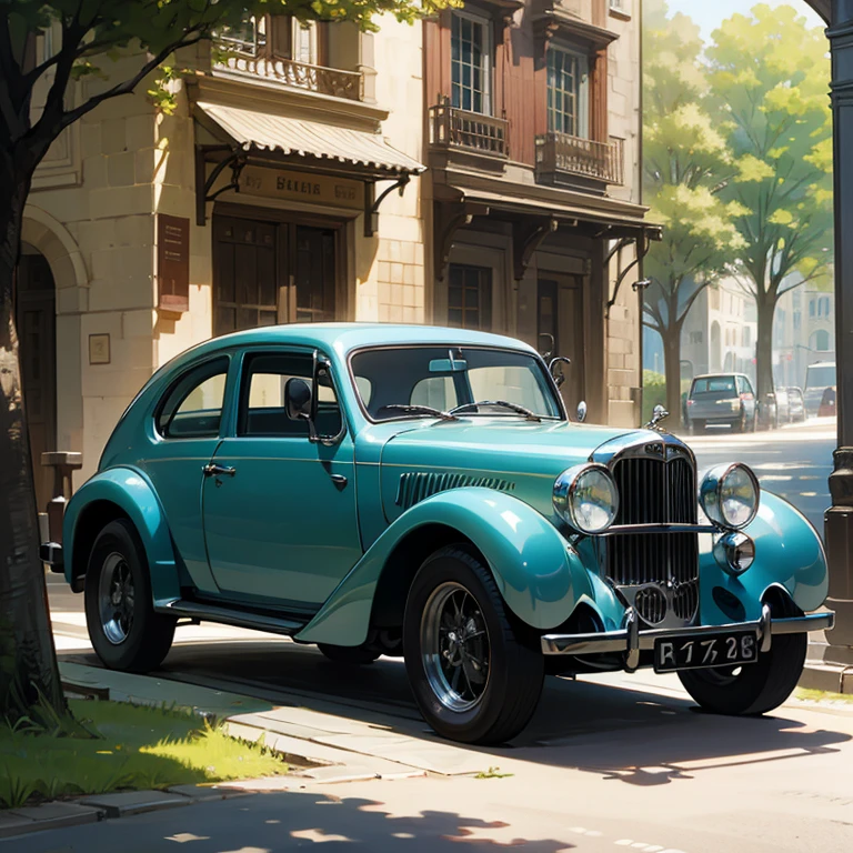 Beautiful scene of a morning day in a old town with a car, bentley, trees, street 