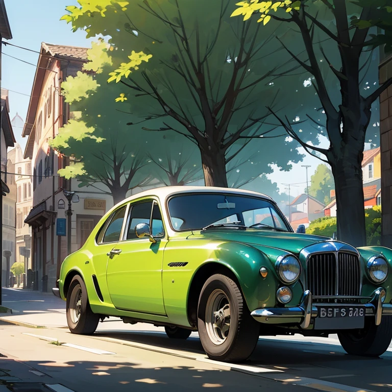 Beautiful scene of a morning day in a old town with a car, bentley, trees, street