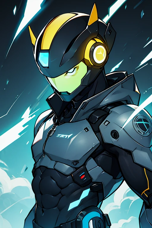 Robot head display without mouth muscular black and yellow color with a lot of electricity 