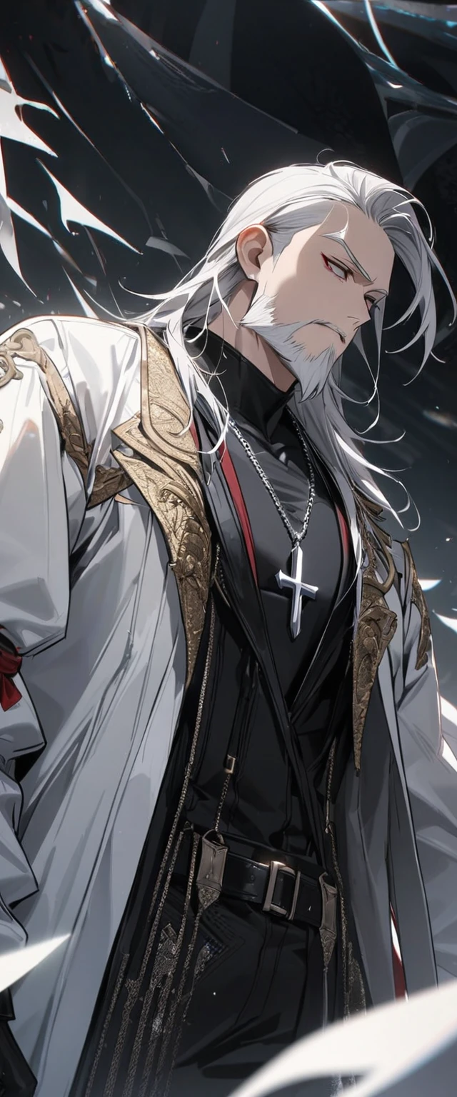 4K, very detailled, HD, blackquality hair, bonitas, apenas 1 homem, dressed in a loose red and white coat, black leather gloves, a silver crucifix necklace, Tuuli, sem beard, White hair,