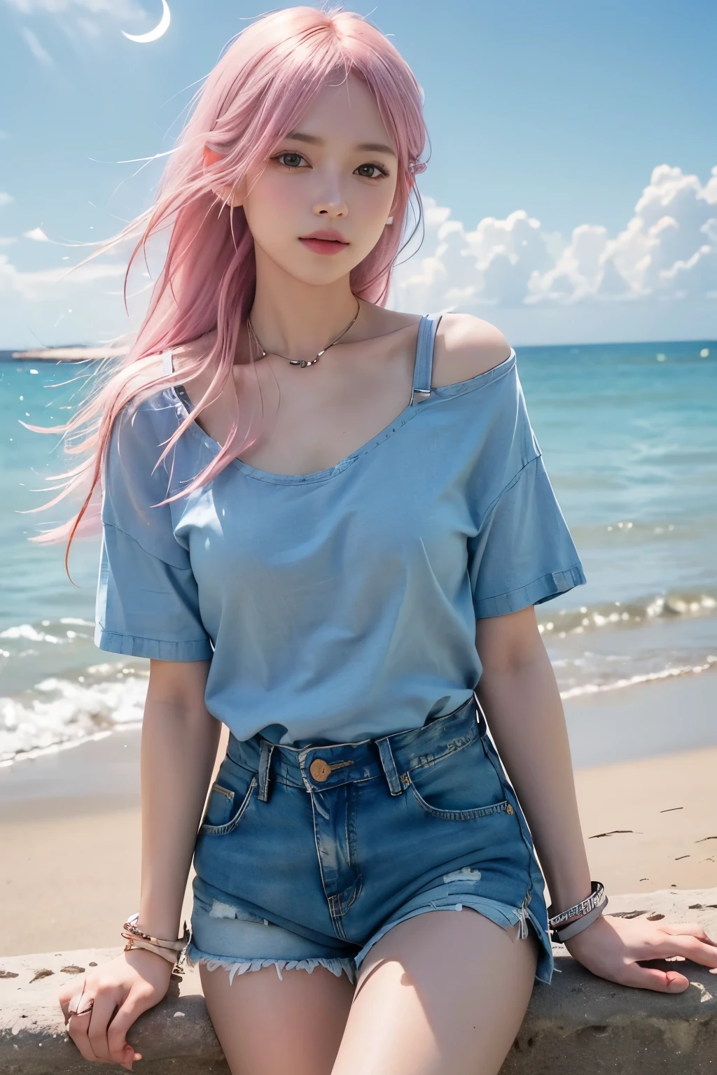 (8K, top-quality, masterpiece:1.2), (reallistic, Photorealsitic:1.37), Super Detail, One girl,), (Highly detailed), (beautifully detailed eyes), (of the highest quality), (super detailed ), (masterpiece), (Detailed face),20yr old, ,1 girl, ((pink hair,long hair)), medium breasts, clothed, Perfect Lighting, BREAK, (light blue gingham shirt:1.3), (white linen socks:0.8), (beige loafers:0.9), (casual summer style:1.5), (short sleeve shirt:1.2), (denim shorts:1.4), (indigo jeans:1.3), (rolled up cuffs and hems:1.1), (relaxed fit:1), (gold and silver accessories:0.8), BRAKE, (upperbody to thighs:1.1), (long pink hair:1.2), (soft smile:1), (face turned slightly right:1), (right hand touching hair:1), (left arm relaxed:1), (beach:1.3), (blue sea:1.2), (backlit:1.1), (highlight and shadow:1), (open composition:1), (Midnight:1.2), (Starry sky:1.2), (Crescent moon:1.2), (Thin clouds:1.2)