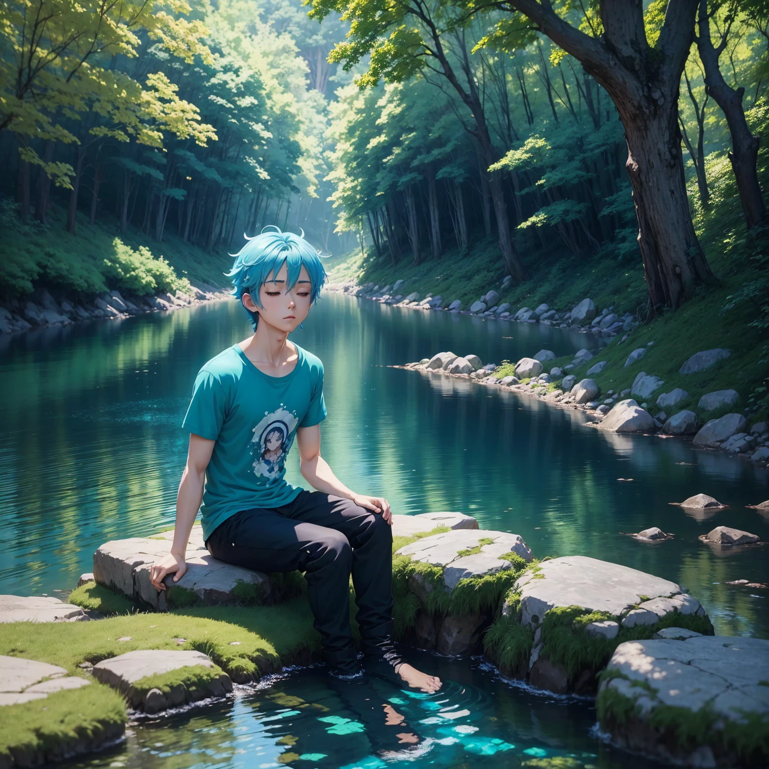 Anime boy wearing Blue t shirt black pant Blue eyes  sitting on a rock in a river surrounded by trees, anime style4 K, anime girl with teal hair, Anime style. 8K, Anime Art Wallpaper 8K, Anime Art Wallpapers 4K, Anime Art Wallpapers 4K, Beautiful avatar picture, High quality anime art style, anime styled digital art, Нарисовано Anime Painter, anime wallpaper 4k，Lying on a stone slab，Sleepy，I want to sleep