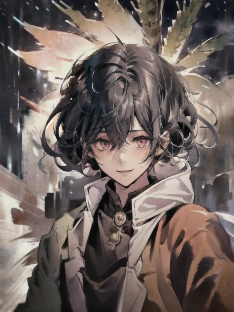 Masterpiece, absurdres, fine detail, HDR, solo, looking at viewer, smile, shirt, pink hair, 1boy, hair between eyes, pink eyes, upper body, male focus, FH , lightning mage, toned, lightning mage robe, electrical aura, early 20s,