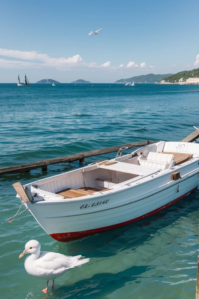 White seagull flying in the sky,there is a Small boat sitting on the beach in the water, Igor Grabar (Igor Grabar) A realistic painting of, shutter, art, Small boat in the foreground, Small boat, Best selection on Adobe Stock, one Small boat, mediterranean beach background, Excellent composition, Beautiful Italian beach scenery, Highly detailed composition, Wooden boat, with water and boats