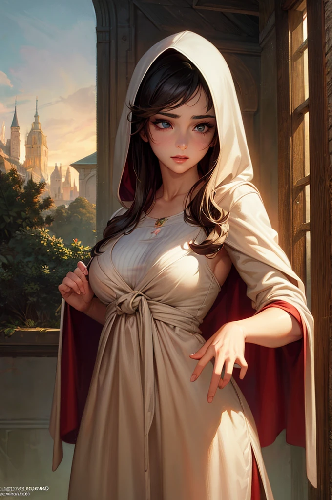 A detailed illustration of dark-haired Lily Collins in a hoodie and medieval dress, Soft and bright, HD Art by Greg Hildebrand, Liu Citemar, Sejic Stepan, Sanyang, Aikut Aidgudu, Justin Gerard, Alphonse Mucha, art gelm, WLOP and Greg Rutkowski