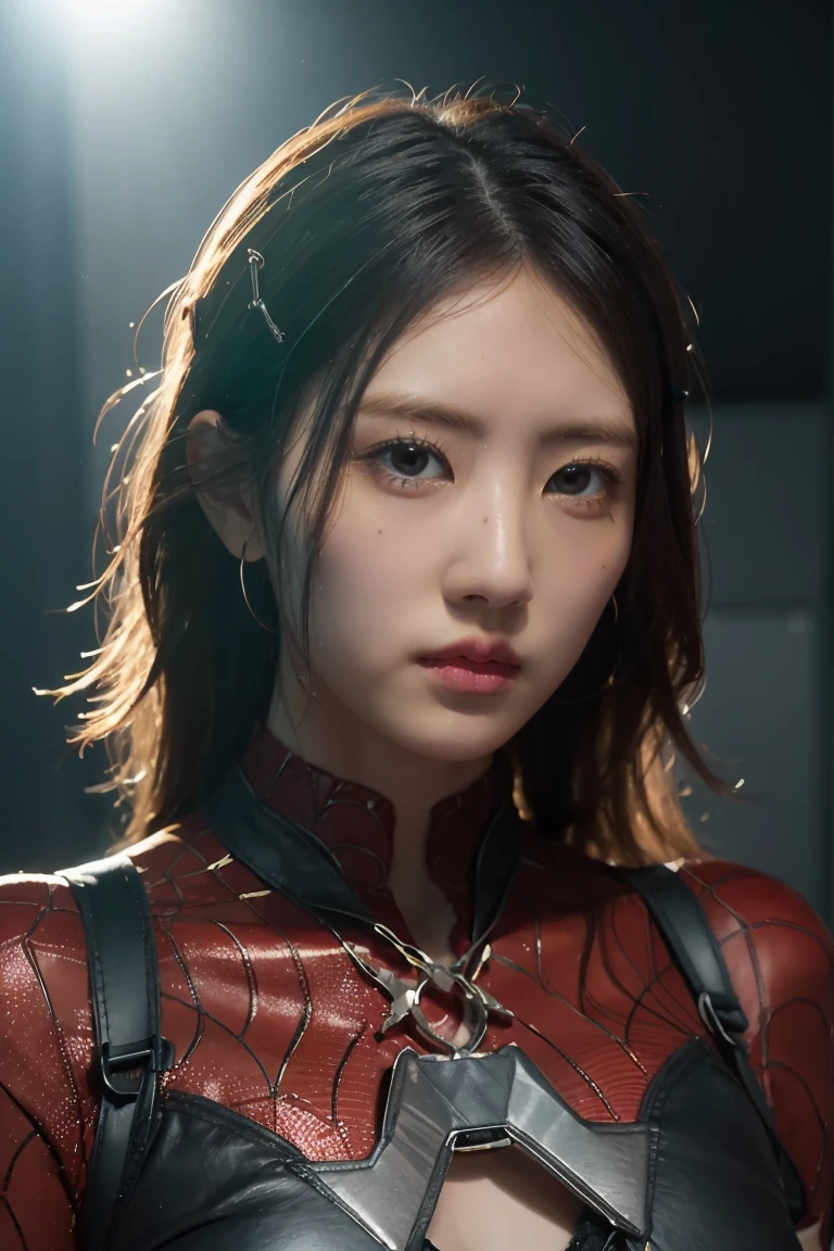 (masterpiece:1.2), best quality, 8k, ultra-detailed, photorealistic, high resolution, detailed portrait, 1girl, spiderman armor suit, intricate armor details, metallic textures, dynamic pose, heroic expression, cinematic lighting, dark background, dramatic colors