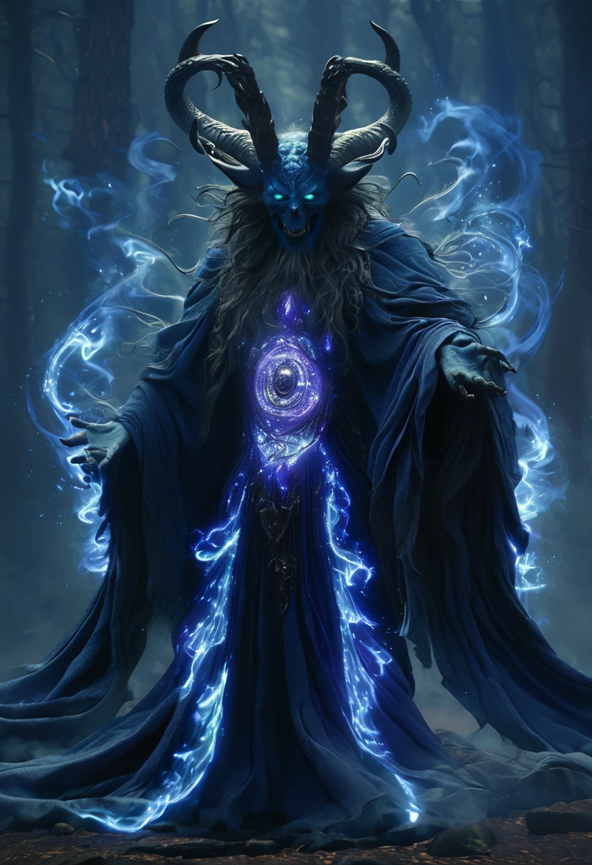 (Best Quality, 4k, 8k, High, Masterpiece: 1.2), Very Detailed, (Realistic, Photorealistic, Photorealistic: 1.37), A giant three-faced demon from another dimension is summoned by a magic circle. , Cosmic horror, a deformed head with twisted tentacles and horns. , Countless large fangs, long sharp claws, a long tail, a terrifying figure in a robe of blue flames. , Overwhelming violence has plunged the world into chaos. , Free your imagination, break your limits, and create a new world (Amazingly powerful and realistic composition by Greg Rutkowski: 1.2), with a forest in the background
