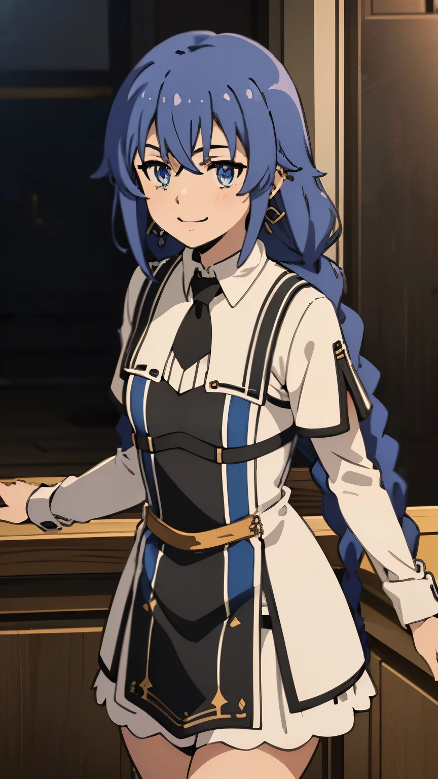 (masterpiece, best quality, high resolution, 8k:1.2),(anime), Roxy_Migurdia(mushoku tensei), 1girl, Blue eyes, Crimson blue hair, twin braids, long hair, small breasts, (smile), (Party Dresses, Earrings), (watching at viewers:1.2), dynamic angles, Inside the castle,