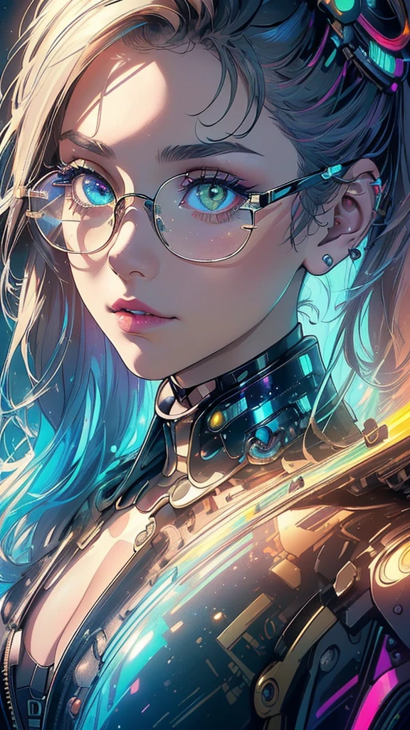 (((masterpiece, highest quality))),(((solo:1.2))),(((1girl:1.2))),32k wallpaper, very detailed,(((((portfolio))))),(((((Close-up))))),(((((bust up))))),((((more various angle)))),(((highlight))),((((heterochromia)))),(((complete. detailed face))),((((Extremely talented)))),((((Wonderfully detailed complicated machine)))),((((genius mechanic)))),((Overall colorfully)),(((futuristic galaxy))),(((perfect clear skinn))),(((glasses))),(((reflection neon)))