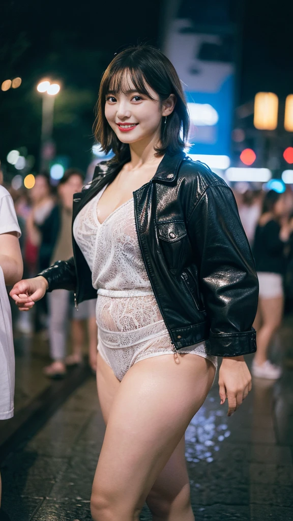 Realistic , photorealistic , masterpiece , best quality , super quality , ((ultra detailed)), extremely detailed , highers , Raw Photo , 16k portrait , curvy , big Smile , full body ,  short hair , ultrahappy , (crowd) , Wet clothes , Side angle , (Rockdance) , party , one-piece