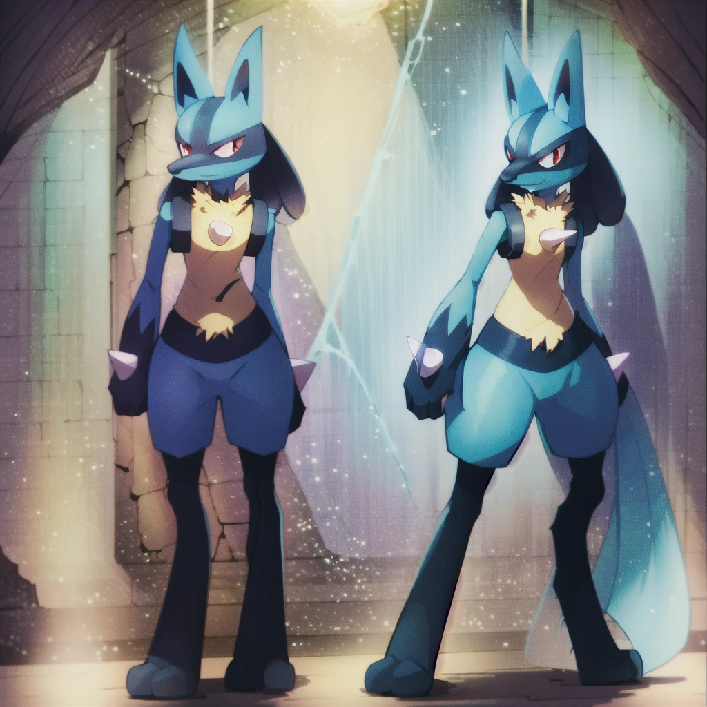 lucario standing in a yellow wood wall, detailed, red eyes, spikes, soft smile, ambient lights, teeth, wolf, medium muzzle, pokemon, blue fur