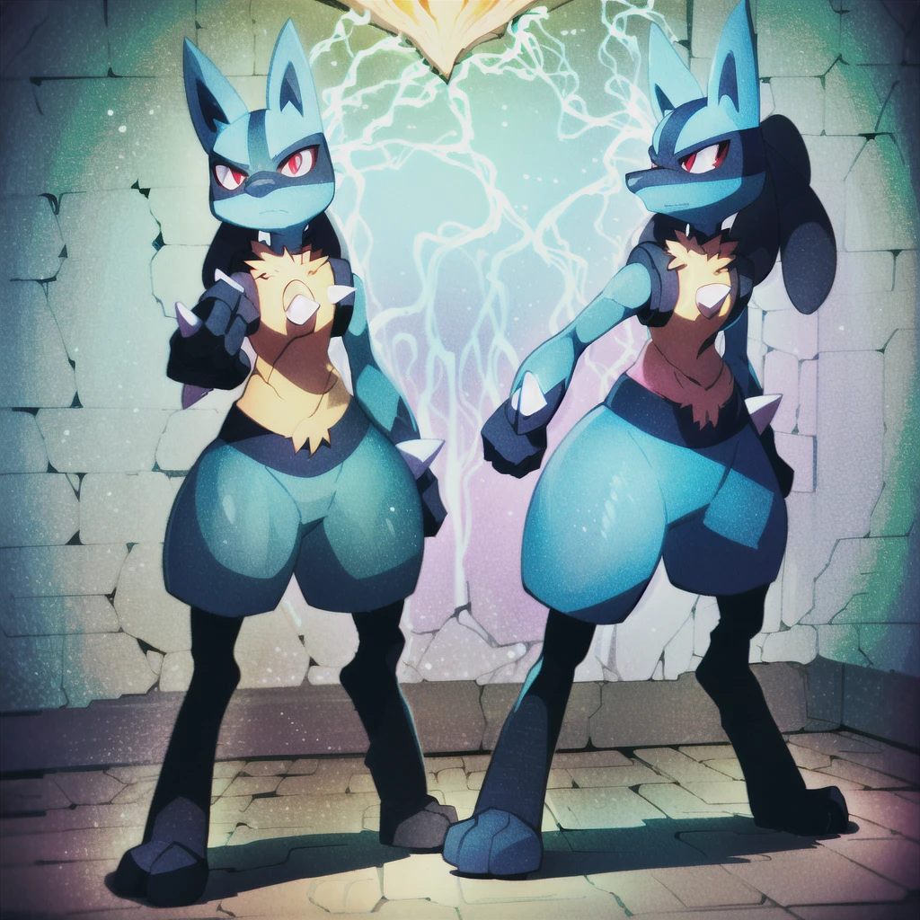 lucario standing in a yellow wood wall, detailed, red eyes, spikes, soft smile, ambient lights, teeth, wolf, medium muzzle, pokemon, blue fur