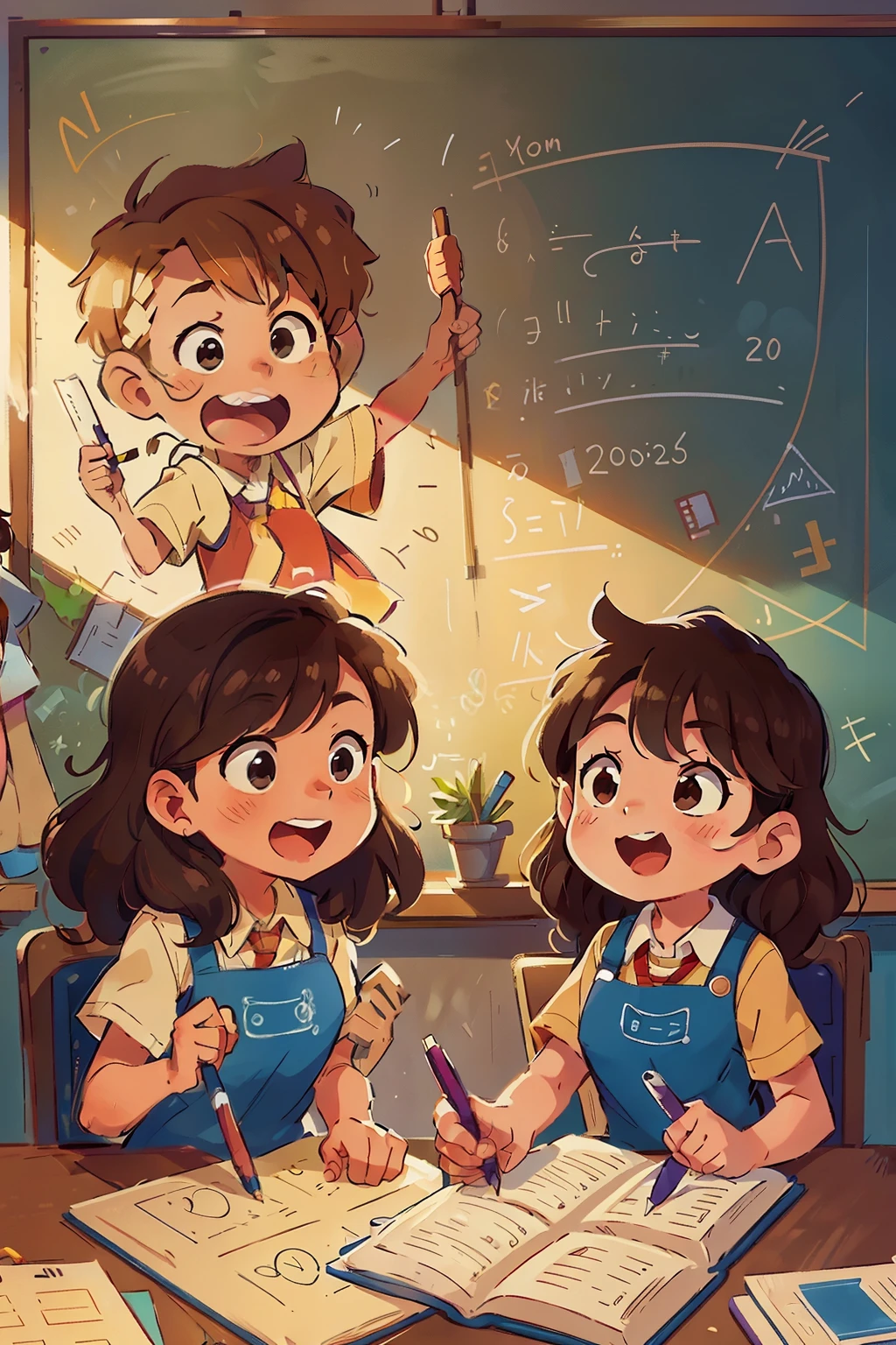 Two characters, both holding pens with a determined grip, stand atop a school desk beneath a banner that reads "Summary of Mathematical Olympiad Knowledge Points for Grades 2 and 3." The scene is bathed in warm, inviting hues evoking a friendly learning environment. The characters, one with short, messy brown hair and the other with long, curly blonde locks, share a focused and jubilant expression, embodying the joy of learning and overcoming mathematical challenges together. The image, reminiscent of the iconic studios of animated films, features a detailed, clean backdrop and rough, expressive sketches that emphasize the characters' youthful energy