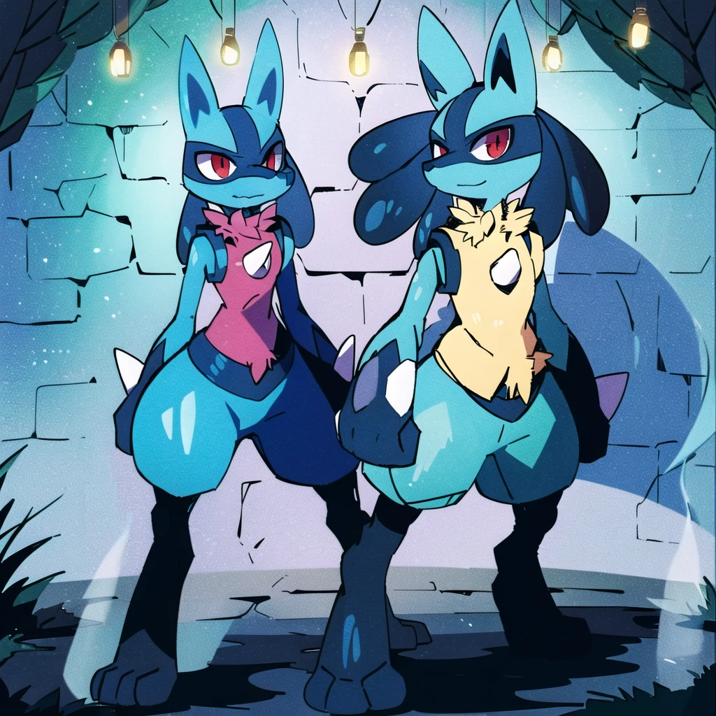 lucario standing in a yellow wood wall, detailed, red eyes, spikes, soft smile, ambient lights, teeth, wolf, medium muzzle, pokemon, blue fur