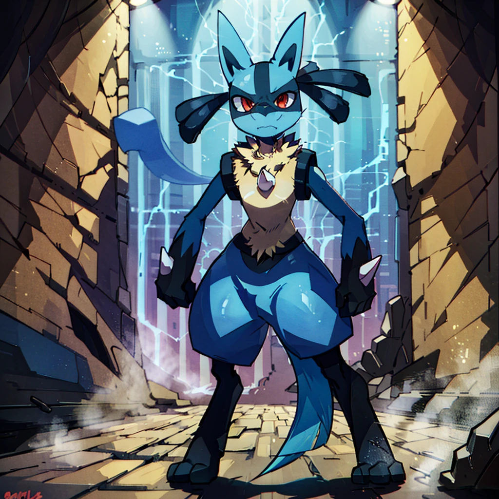 lucario standing in a yellow wood wall, detailed, red eyes, spikes, soft smile, ambient lights, teeth, wolf, medium muzzle, pokemon, blue fur