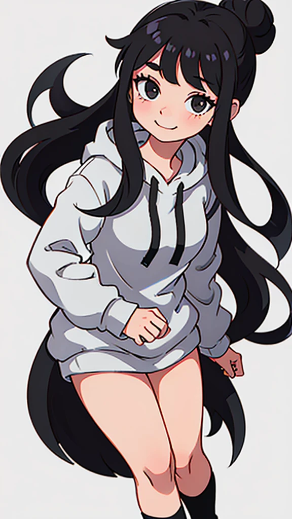 cute girl with long black hair in a bun wearing an oversized grey hoodie smiling shyly. White background. fullbody. no clipping.